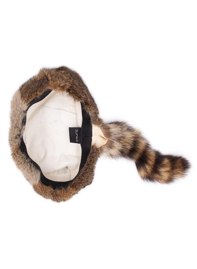 Surell Coonskin Davy Crockett Hat - 100% Real Rabbit Fur Crown - Raccoon Tail Winter Hat - Unisex, Brown - Image 5